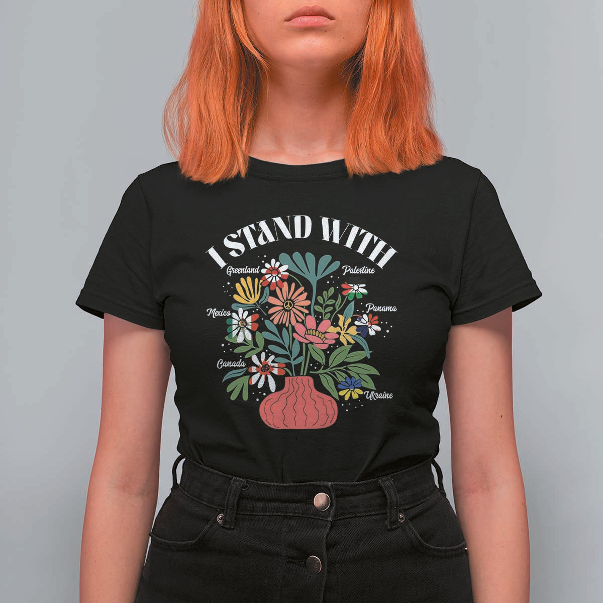 I Stand With Canada Greenland Mexico Panama Gaza Ukraine T Shirt For Women Retro Floral