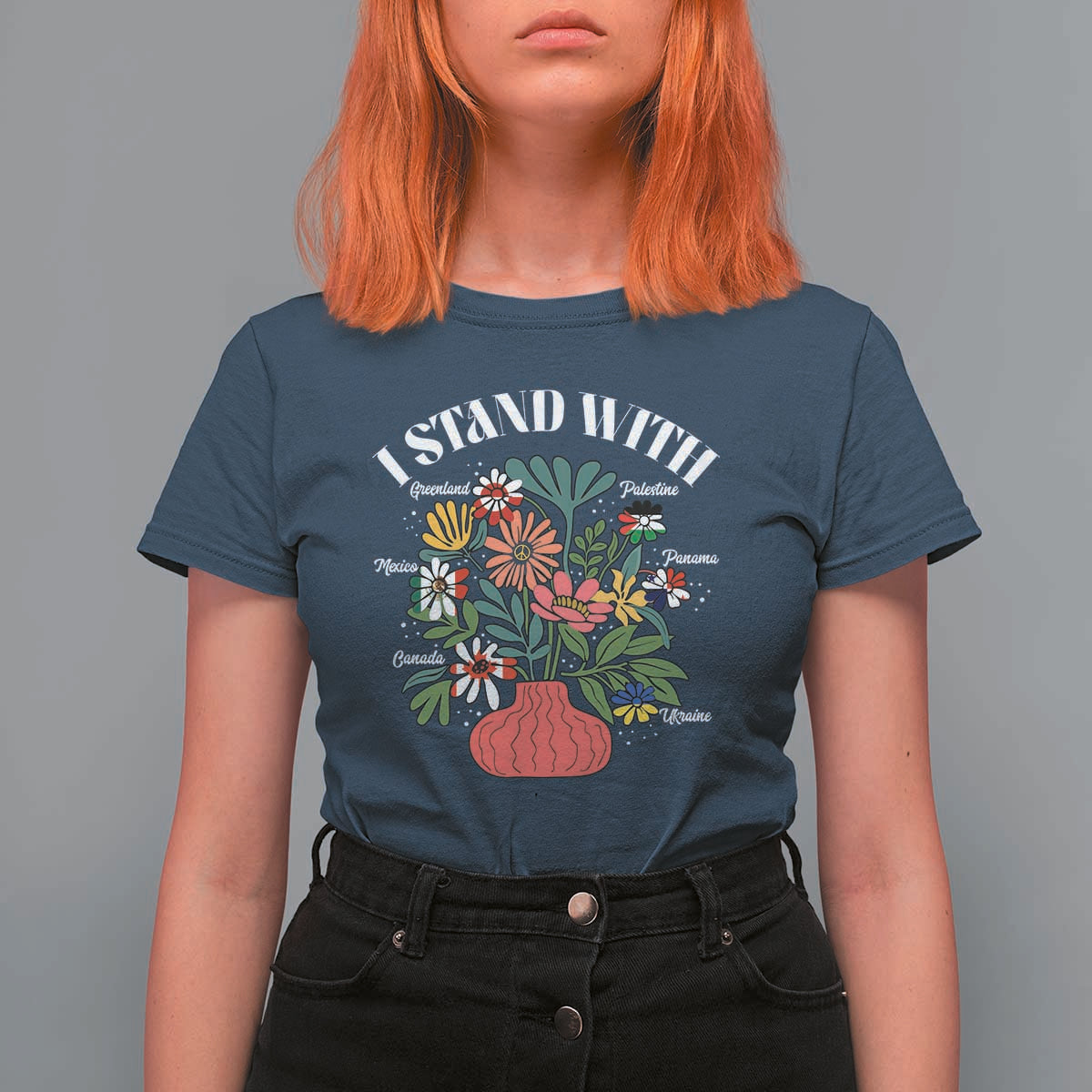 I Stand With Canada Greenland Mexico Panama Gaza Ukraine T Shirt For Women Retro Floral