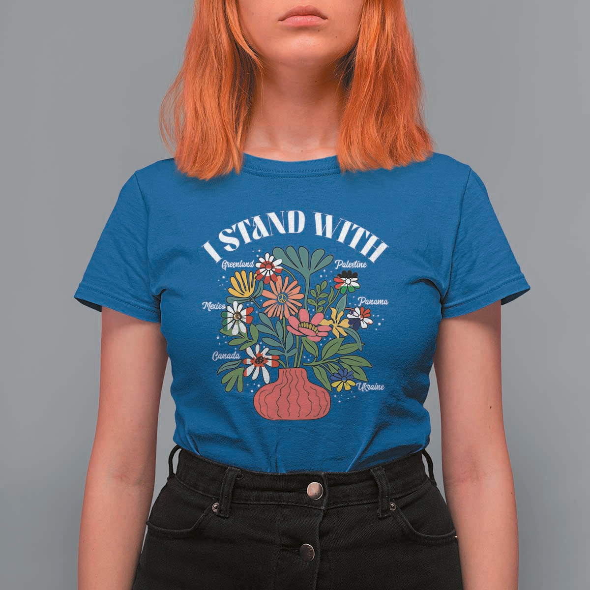 I Stand With Canada Greenland Mexico Panama Gaza Ukraine T Shirt For Women Retro Floral