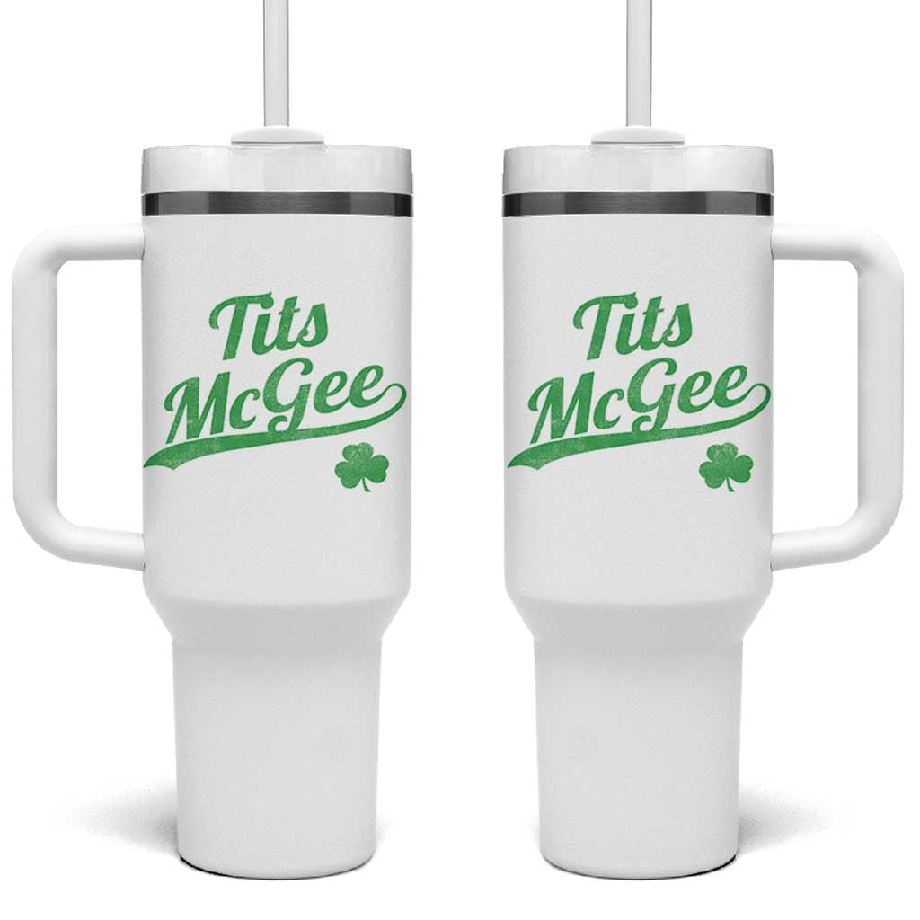 Tits McGee Tumbler With Handle Funny Womens St Patricks Day Vintage Shamrocks