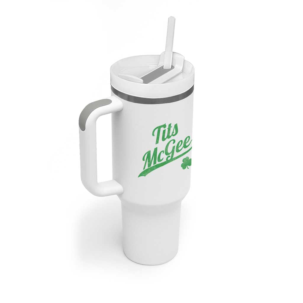 Tits McGee Tumbler With Handle Funny Womens St Patricks Day Vintage Shamrocks