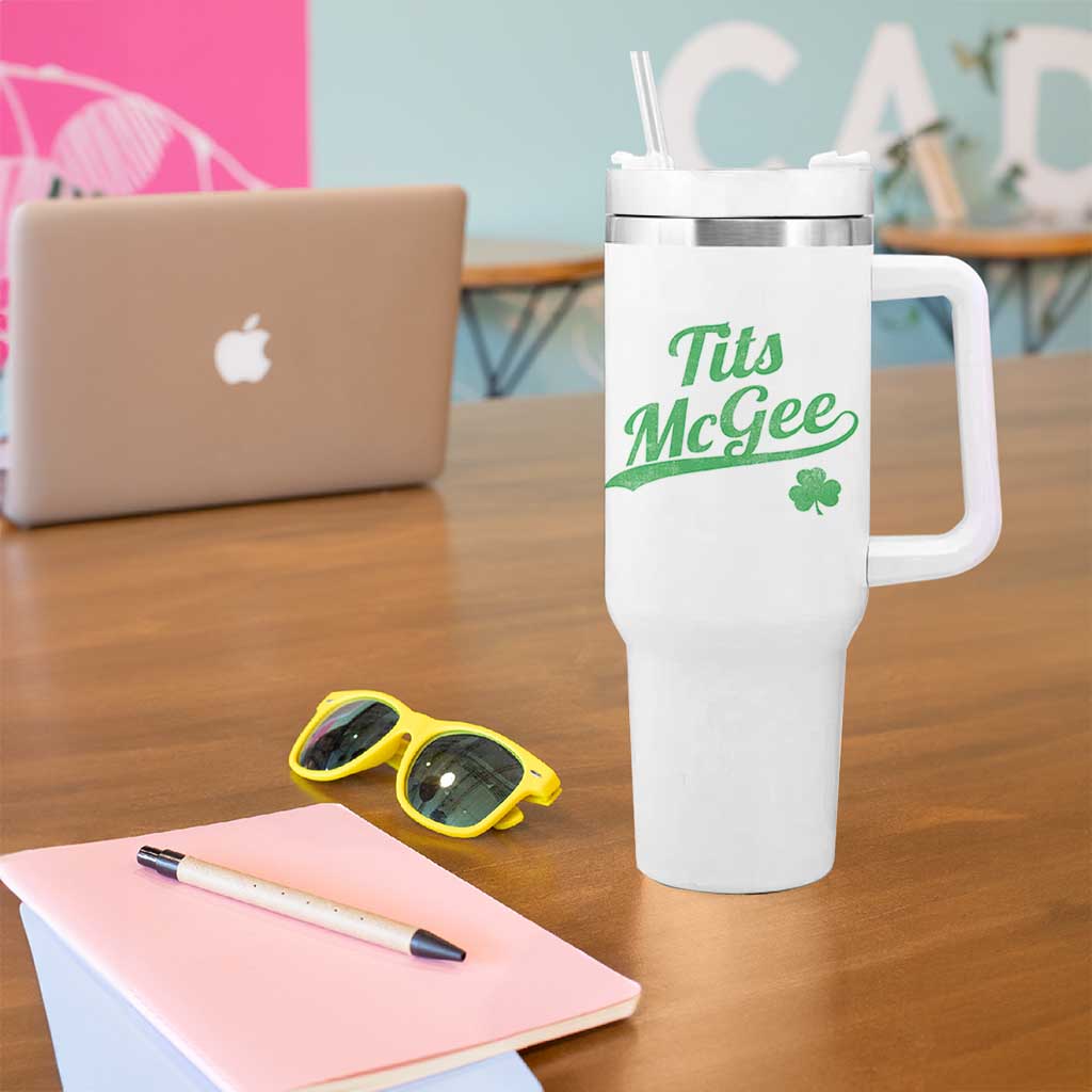 Tits McGee Tumbler With Handle Funny Womens St Patricks Day Vintage Shamrocks