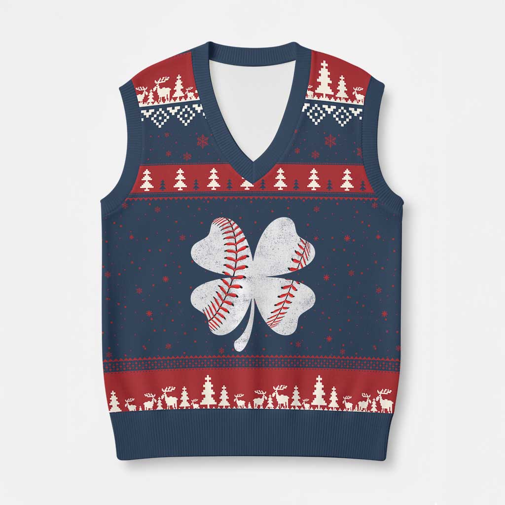 Funny Baseball St Patricks Day Vintage Clover V-Neck Knit Sweater Vest