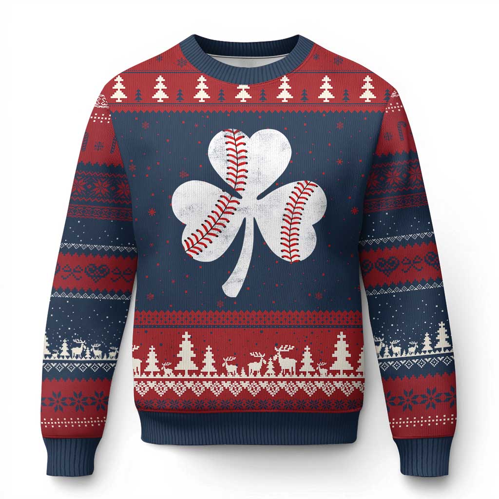 Funny Baseball St Patricks Day Distressed Shamrock Ugly Christmas Sweater