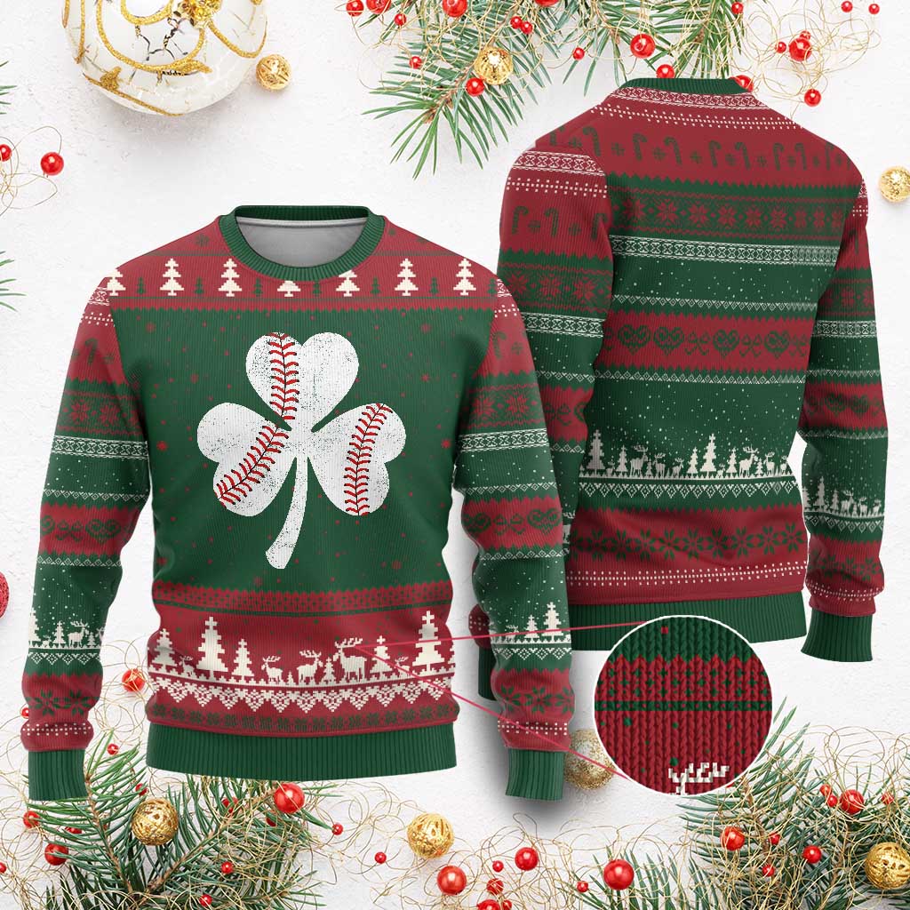 Funny Baseball St Patricks Day Distressed Shamrock Ugly Christmas Sweater