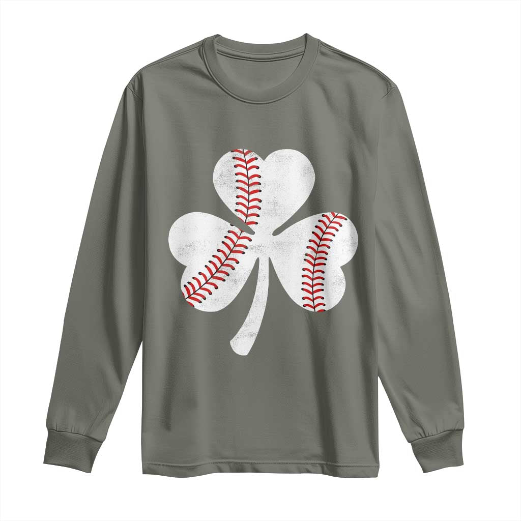 Funny Baseball St Patricks Day Distressed Shamrock Long Sleeve Shirt