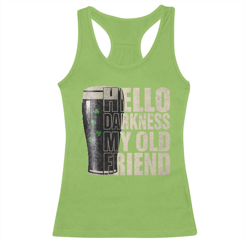 Funny St Patrick's Day Black Irish Beer Racerback Tank Top Hello Darkness My Old Friend Shamrock