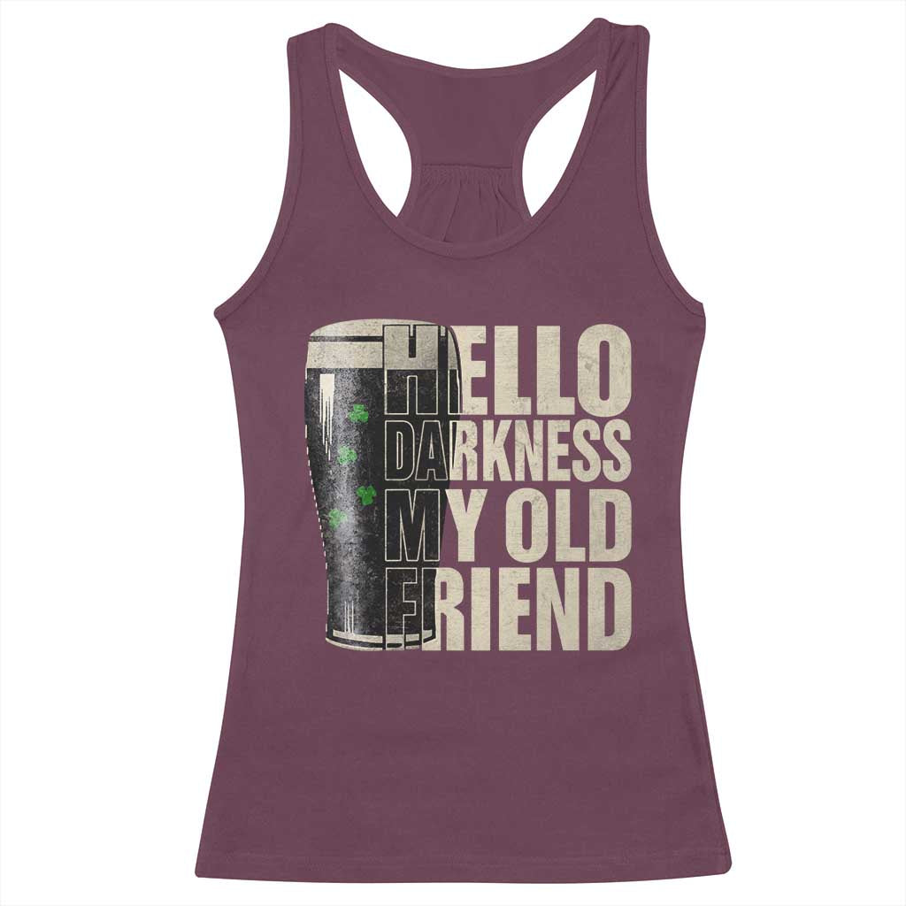 Funny St Patrick's Day Black Irish Beer Racerback Tank Top Hello Darkness My Old Friend Shamrock