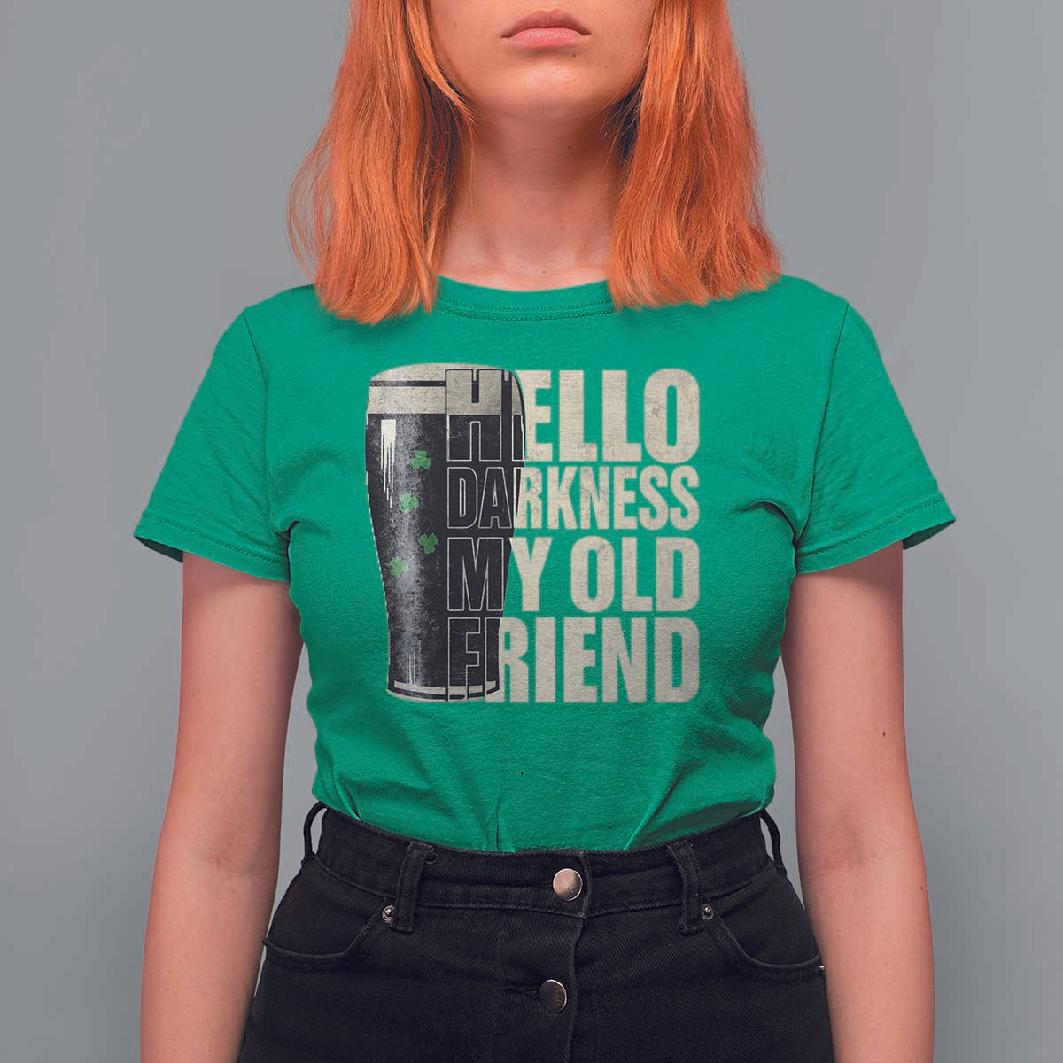 Funny St Patrick's Day Black Irish Beer T Shirt For Women Hello Darkness My Old Friend Shamrock
