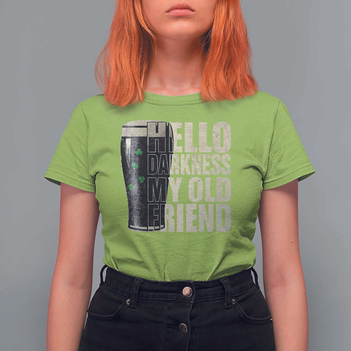 Funny St Patrick's Day Black Irish Beer T Shirt For Women Hello Darkness My Old Friend Shamrock