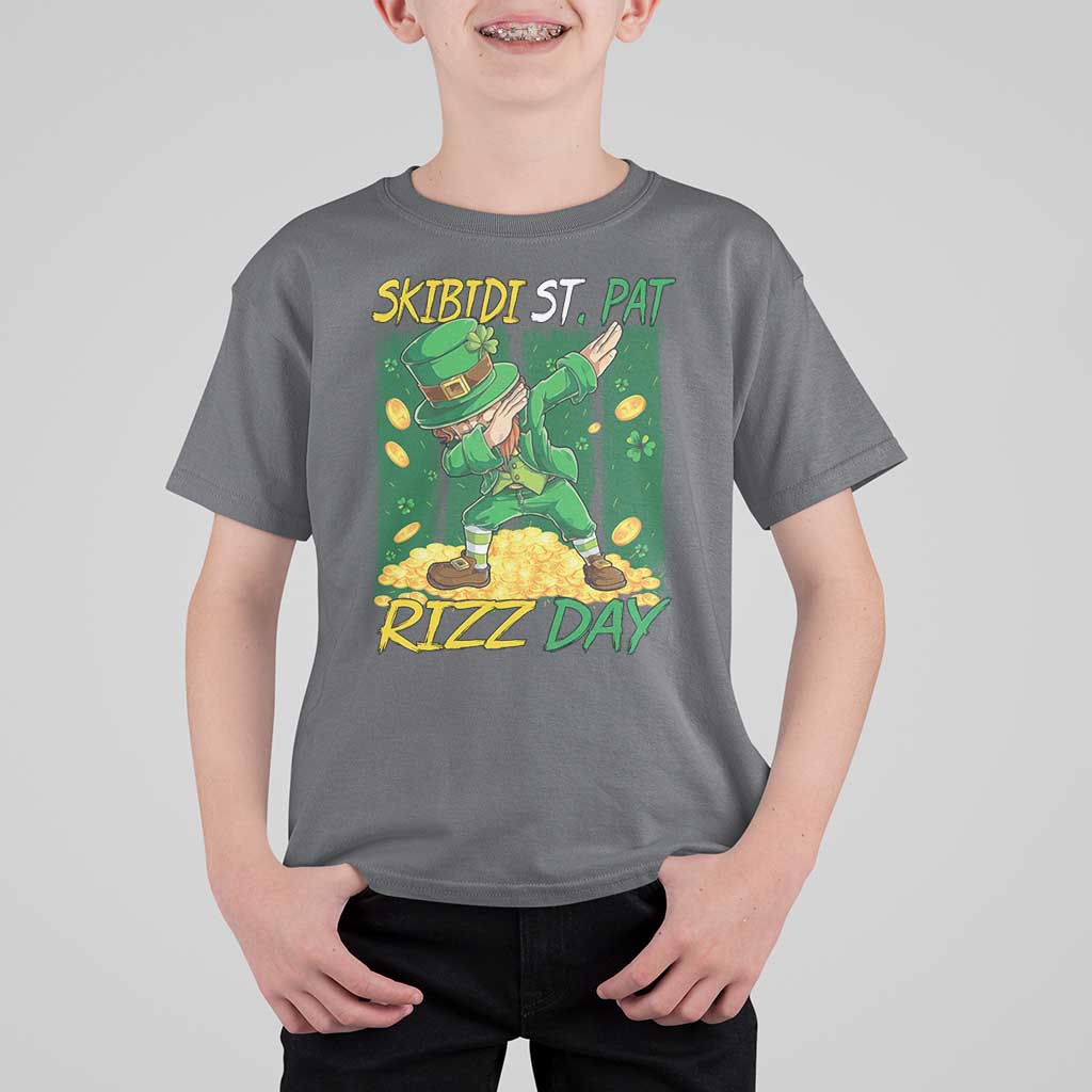 Funny Skibidi St Pat Rizz Day T Shirt For Kid Dabbing Leprechaun Shamrock Coin