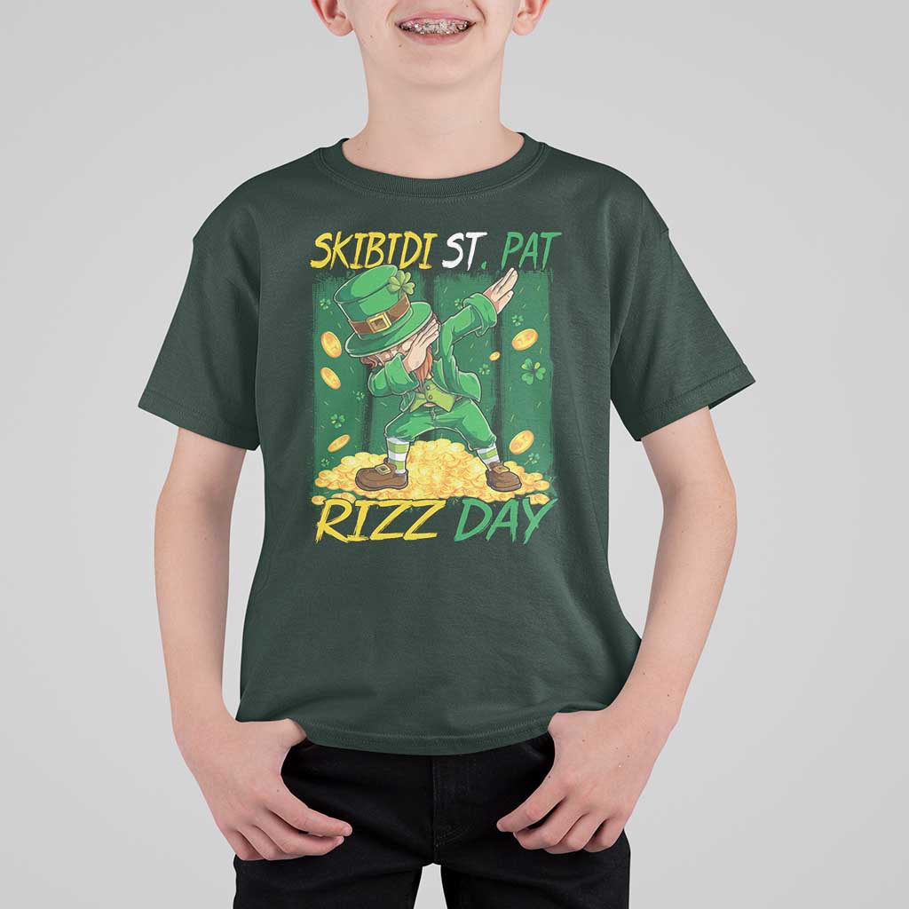 Funny Skibidi St Pat Rizz Day T Shirt For Kid Dabbing Leprechaun Shamrock Coin