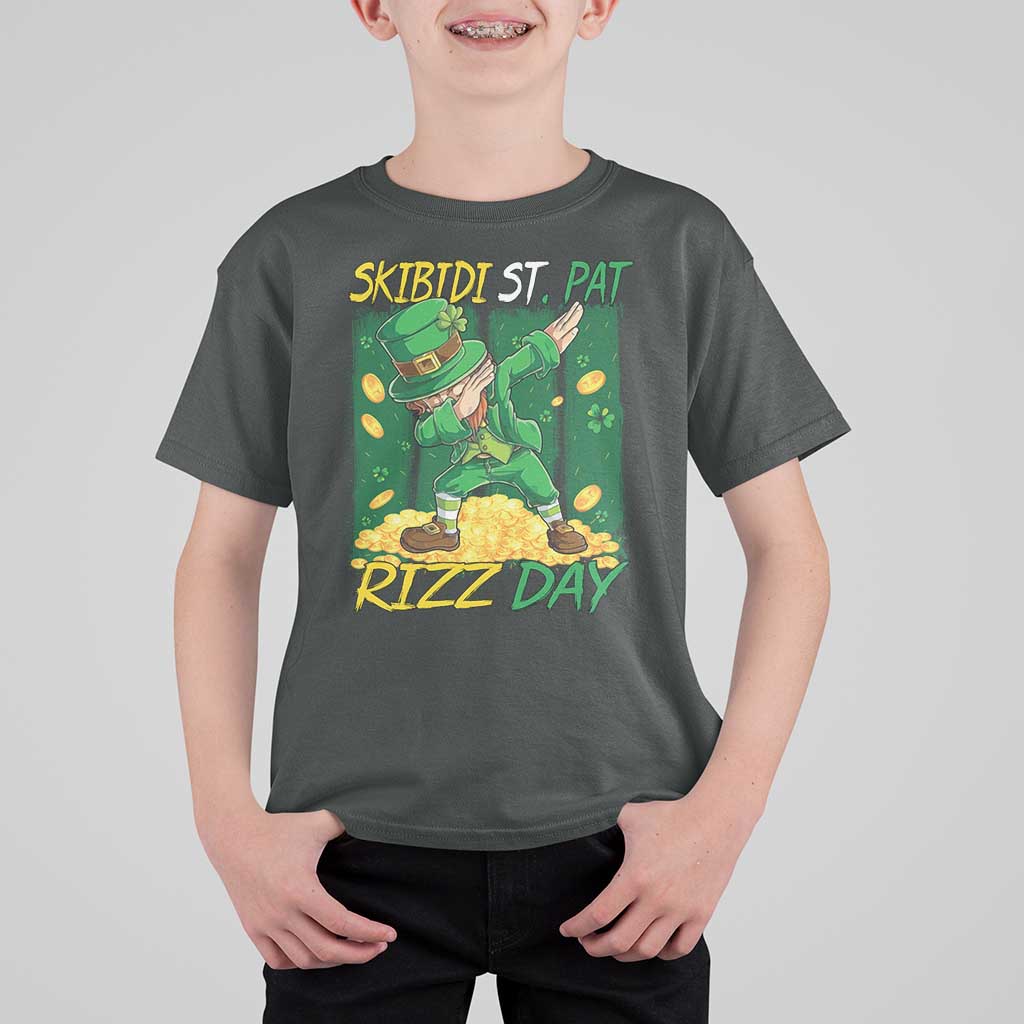 Funny Skibidi St Pat Rizz Day T Shirt For Kid Dabbing Leprechaun Shamrock Coin