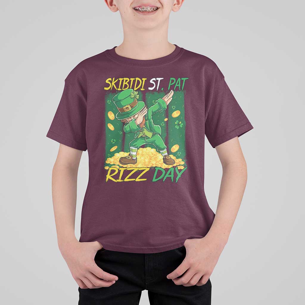 Funny Skibidi St Pat Rizz Day T Shirt For Kid Dabbing Leprechaun Shamrock Coin