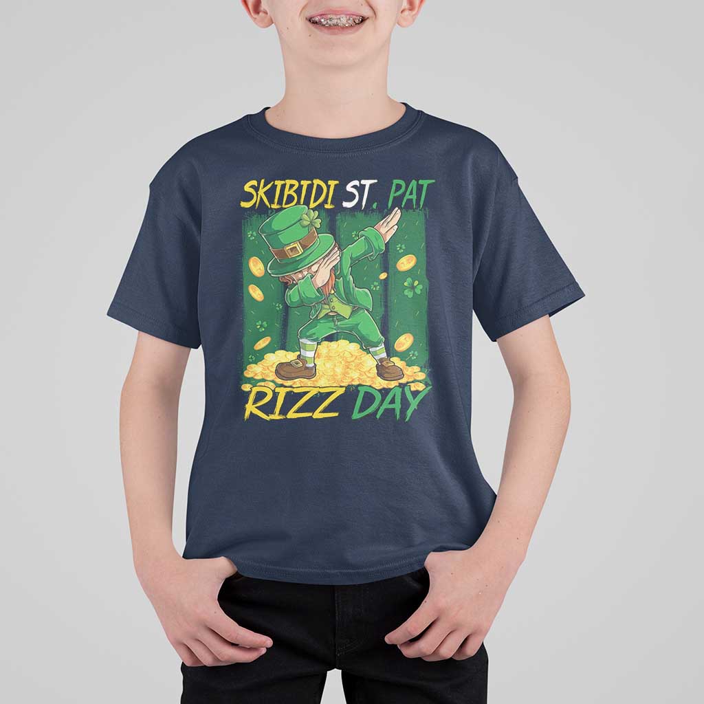 Funny Skibidi St Pat Rizz Day T Shirt For Kid Dabbing Leprechaun Shamrock Coin