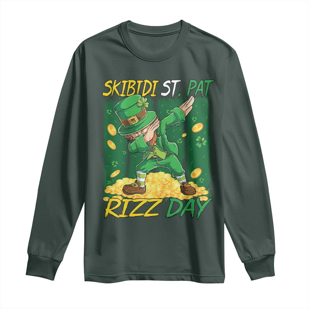 Funny Skibidi St Pat Rizz Day Long Sleeve Shirt Dabbing Leprechaun Shamrock Coin