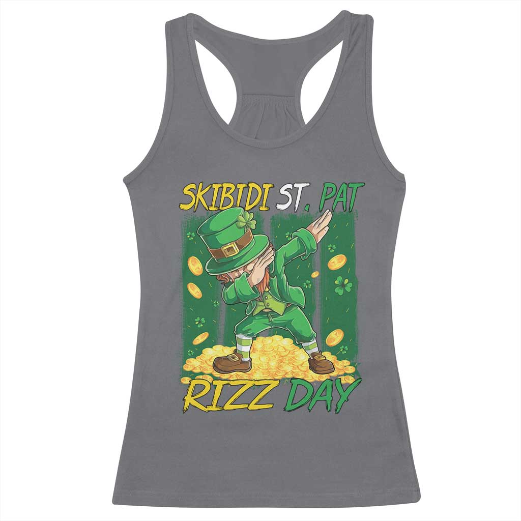 Funny Skibidi St Pat Rizz Day Racerback Tank Top Dabbing Leprechaun Shamrock Coin