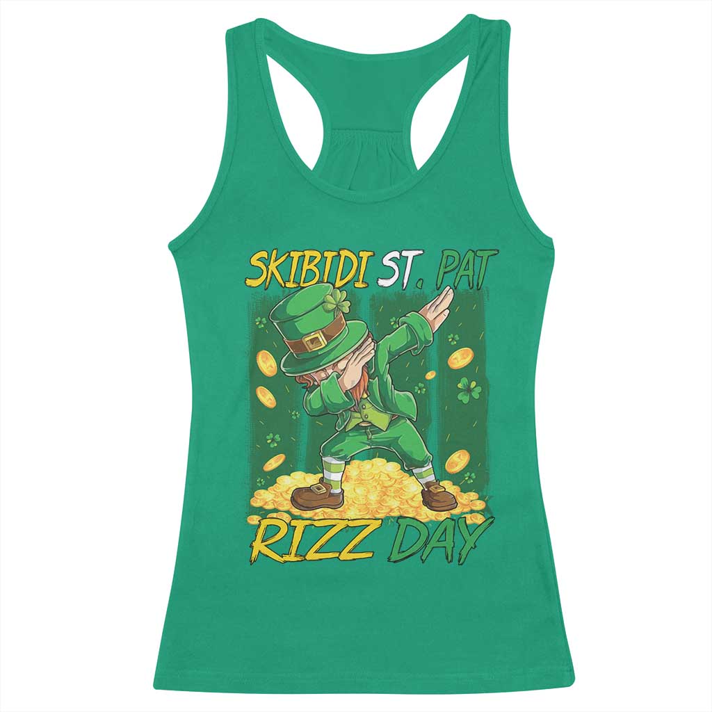 Funny Skibidi St Pat Rizz Day Racerback Tank Top Dabbing Leprechaun Shamrock Coin