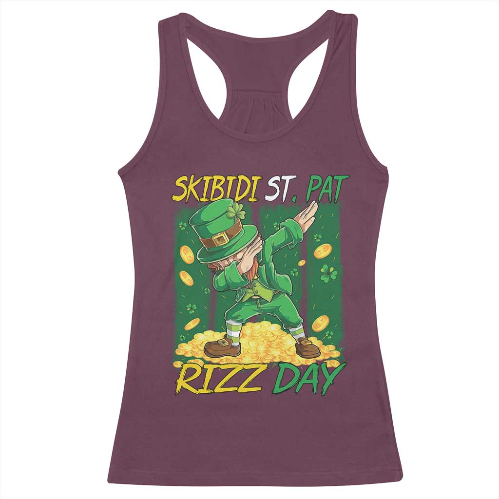 Funny Skibidi St Pat Rizz Day Racerback Tank Top Dabbing Leprechaun Shamrock Coin