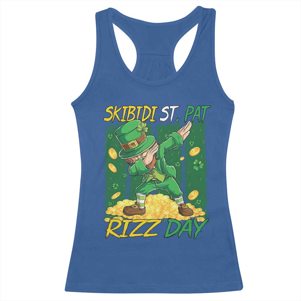 Funny Skibidi St Pat Rizz Day Racerback Tank Top Dabbing Leprechaun Shamrock Coin