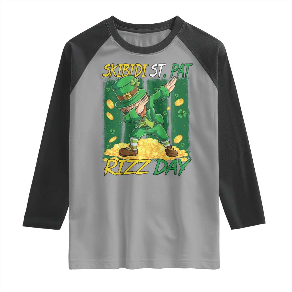 Funny Skibidi St Pat Rizz Day Raglan Shirt Dabbing Leprechaun Shamrock Coin