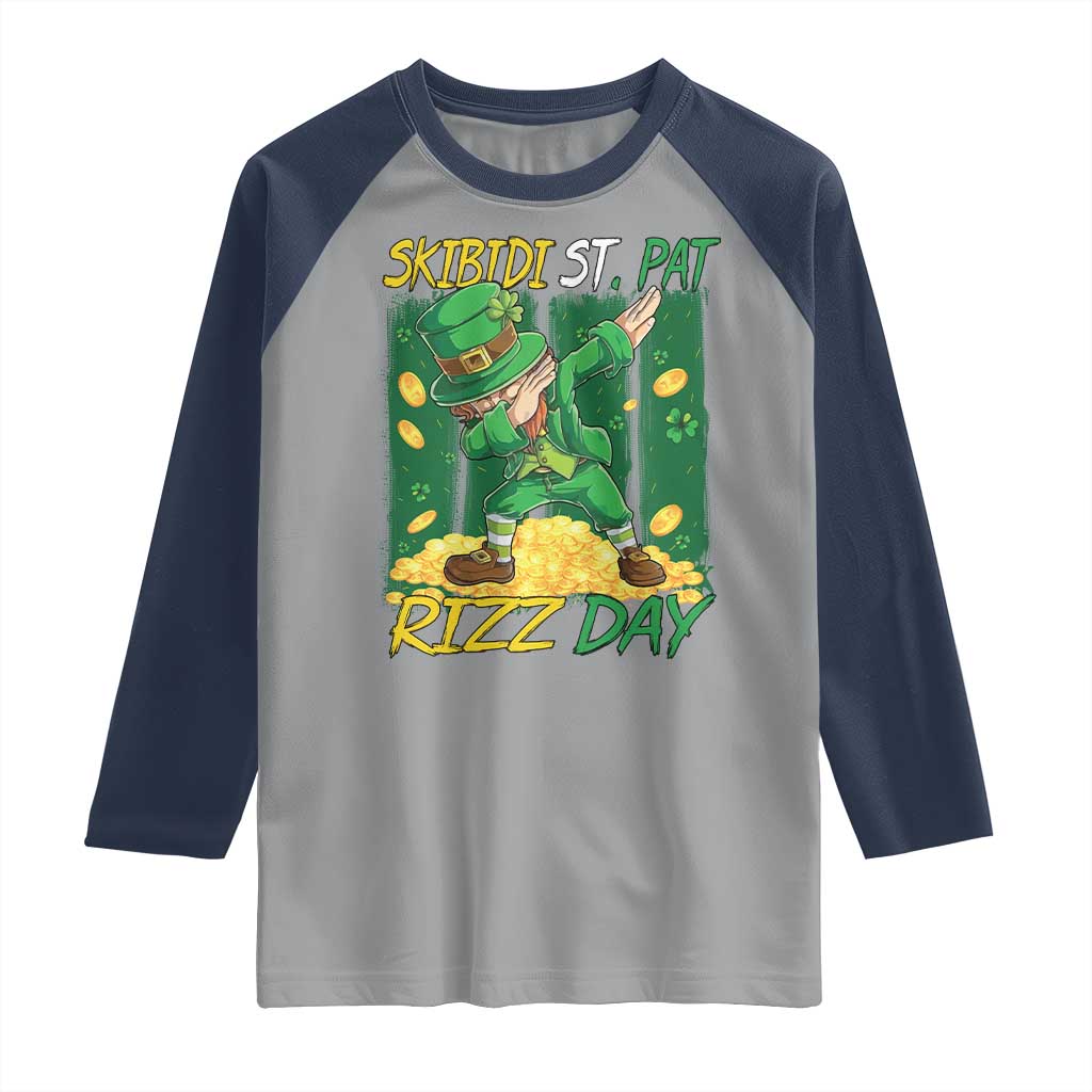 Funny Skibidi St Pat Rizz Day Raglan Shirt Dabbing Leprechaun Shamrock Coin