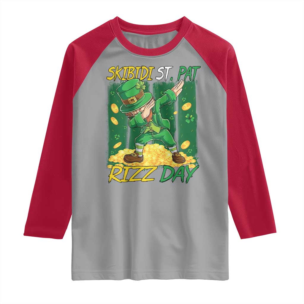 Funny Skibidi St Pat Rizz Day Raglan Shirt Dabbing Leprechaun Shamrock Coin