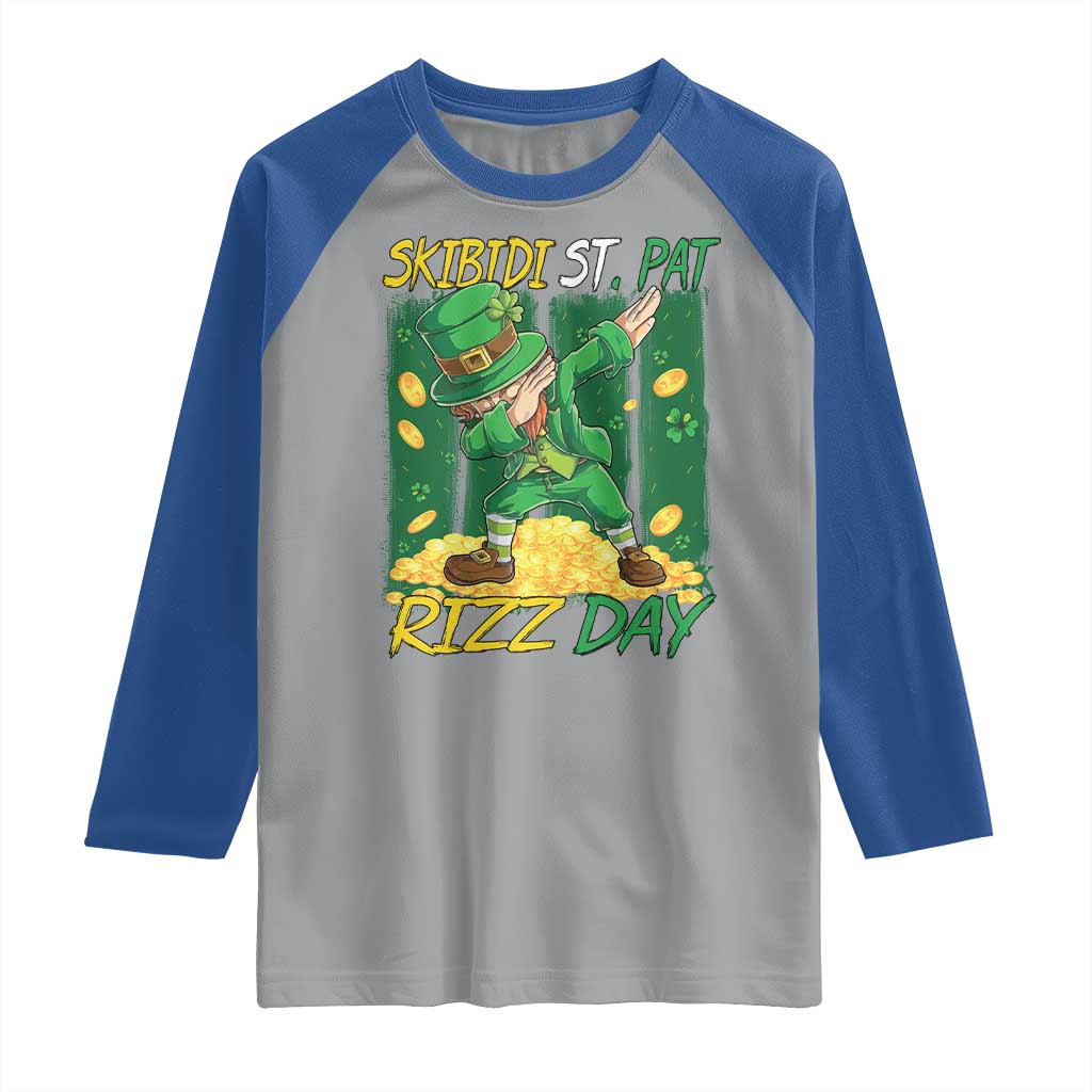 Funny Skibidi St Pat Rizz Day Raglan Shirt Dabbing Leprechaun Shamrock Coin