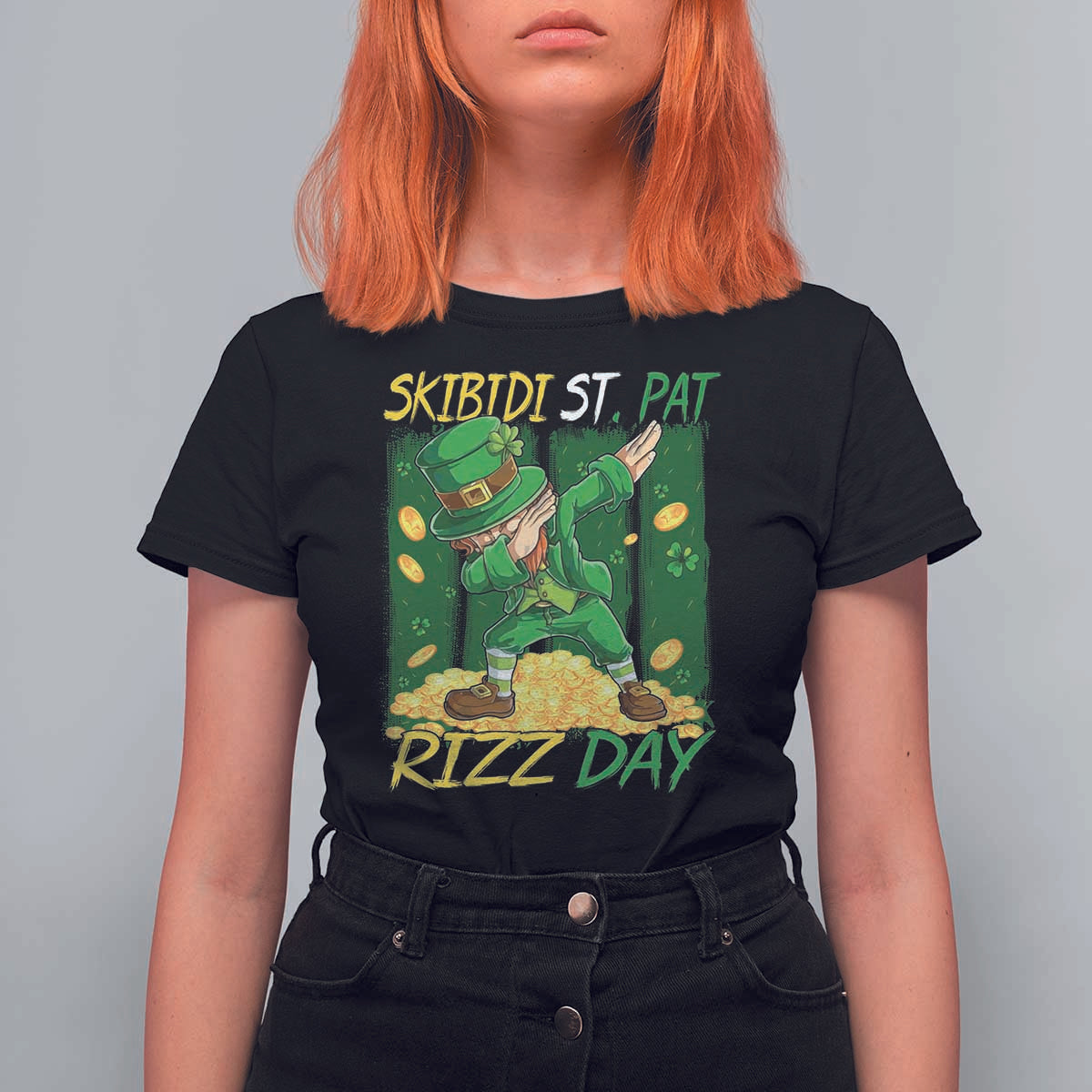 Funny Skibidi St Pat Rizz Day T Shirt For Women Dabbing Leprechaun Shamrock Coin
