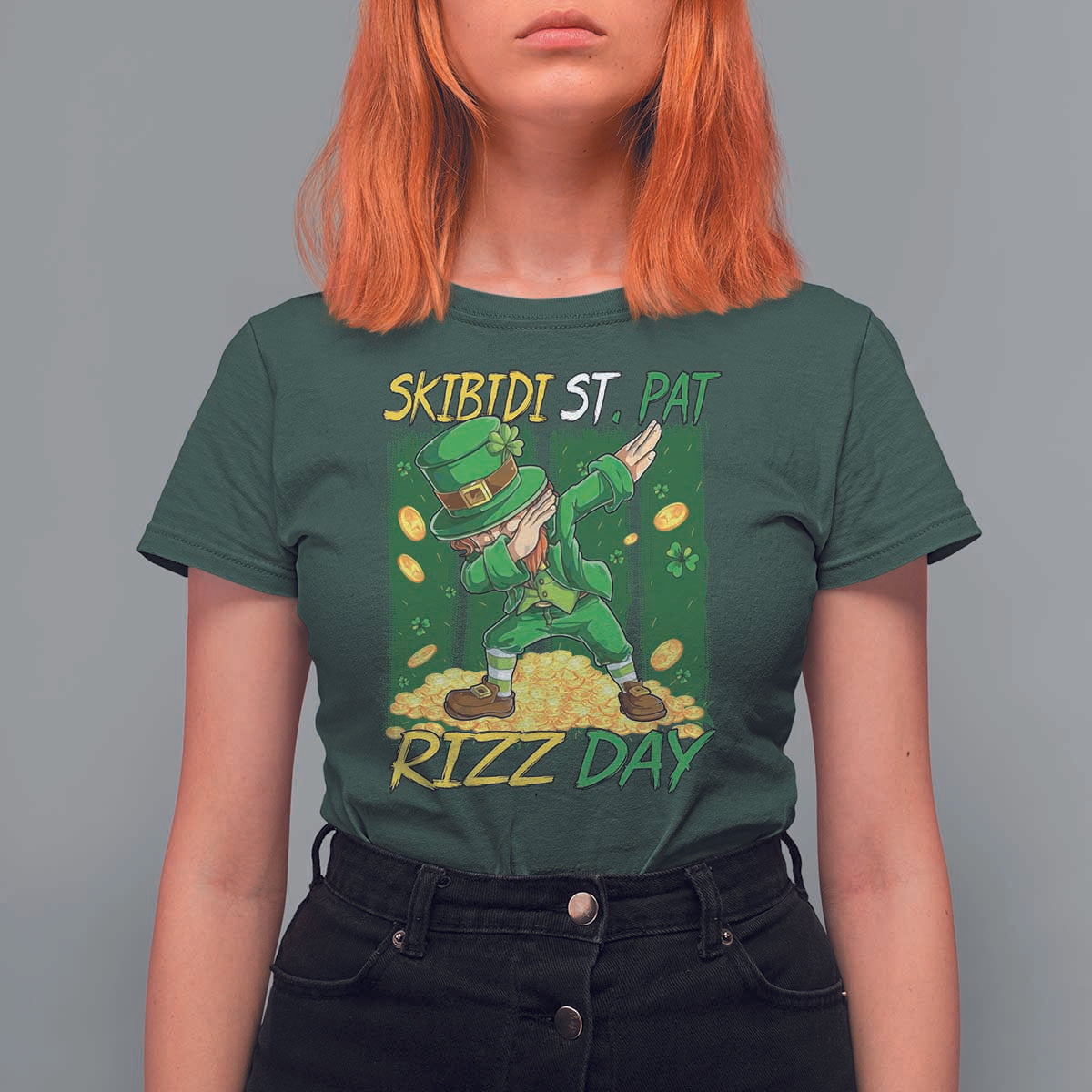 Funny Skibidi St Pat Rizz Day T Shirt For Women Dabbing Leprechaun Shamrock Coin