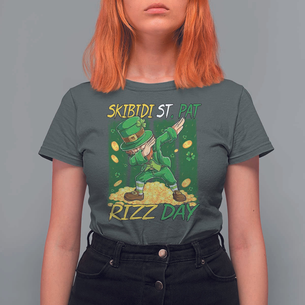 Funny Skibidi St Pat Rizz Day T Shirt For Women Dabbing Leprechaun Shamrock Coin