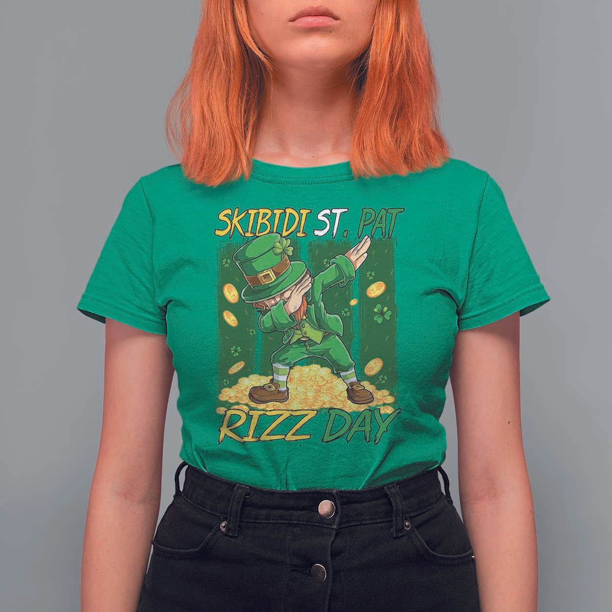 Funny Skibidi St Pat Rizz Day T Shirt For Women Dabbing Leprechaun Shamrock Coin