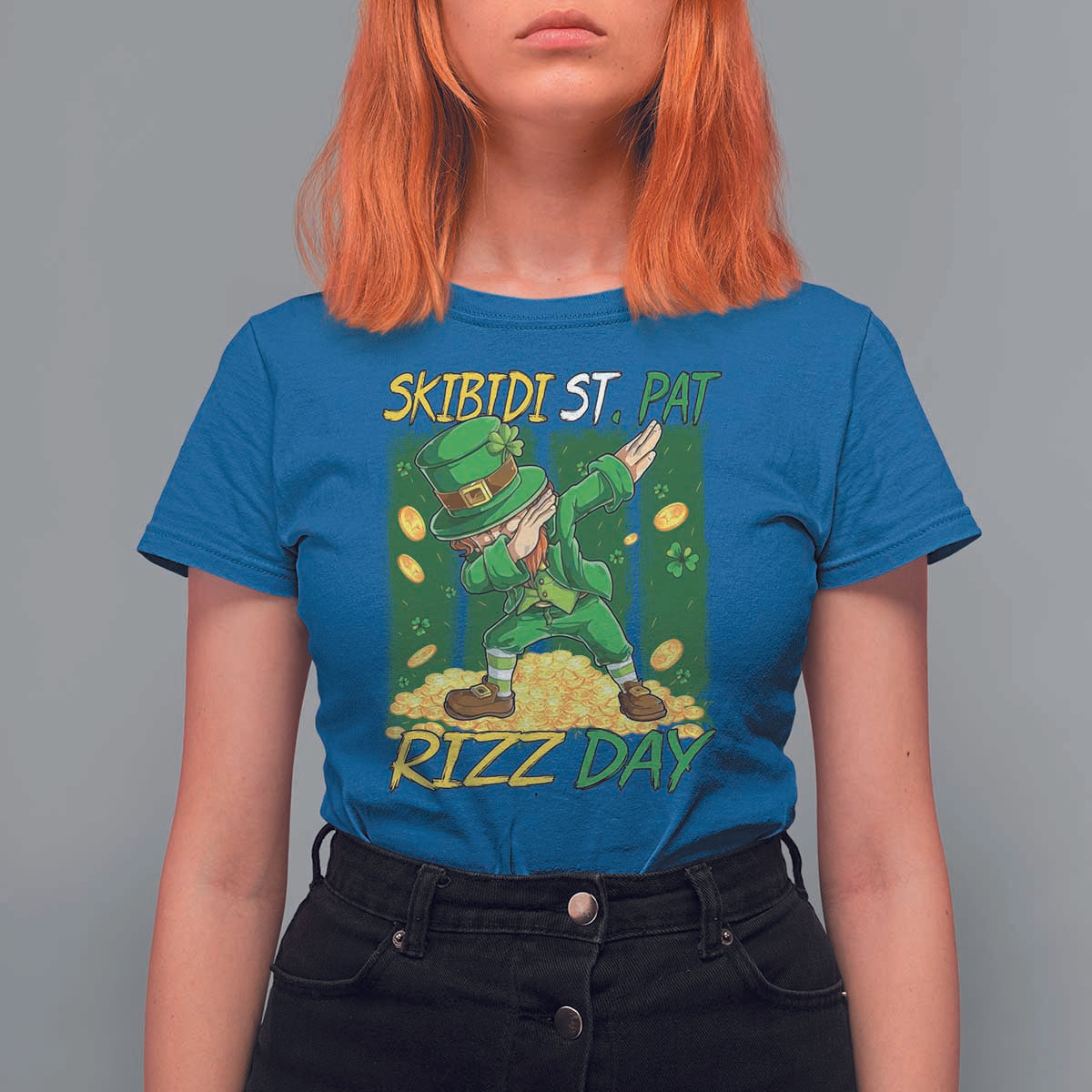 Funny Skibidi St Pat Rizz Day T Shirt For Women Dabbing Leprechaun Shamrock Coin