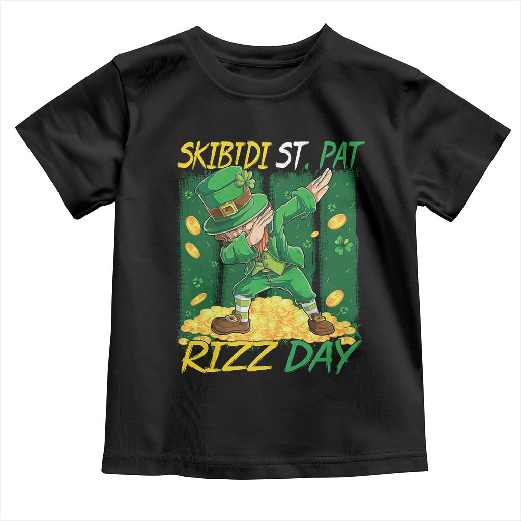 Funny Skibidi St Pat Rizz Day Toddler T Shirt Dabbing Leprechaun Shamrock Coin