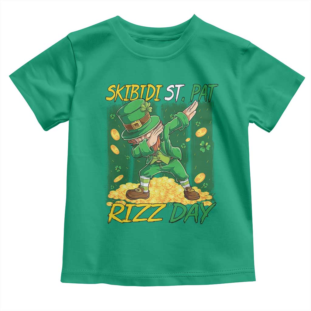 Funny Skibidi St Pat Rizz Day Toddler T Shirt Dabbing Leprechaun Shamrock Coin