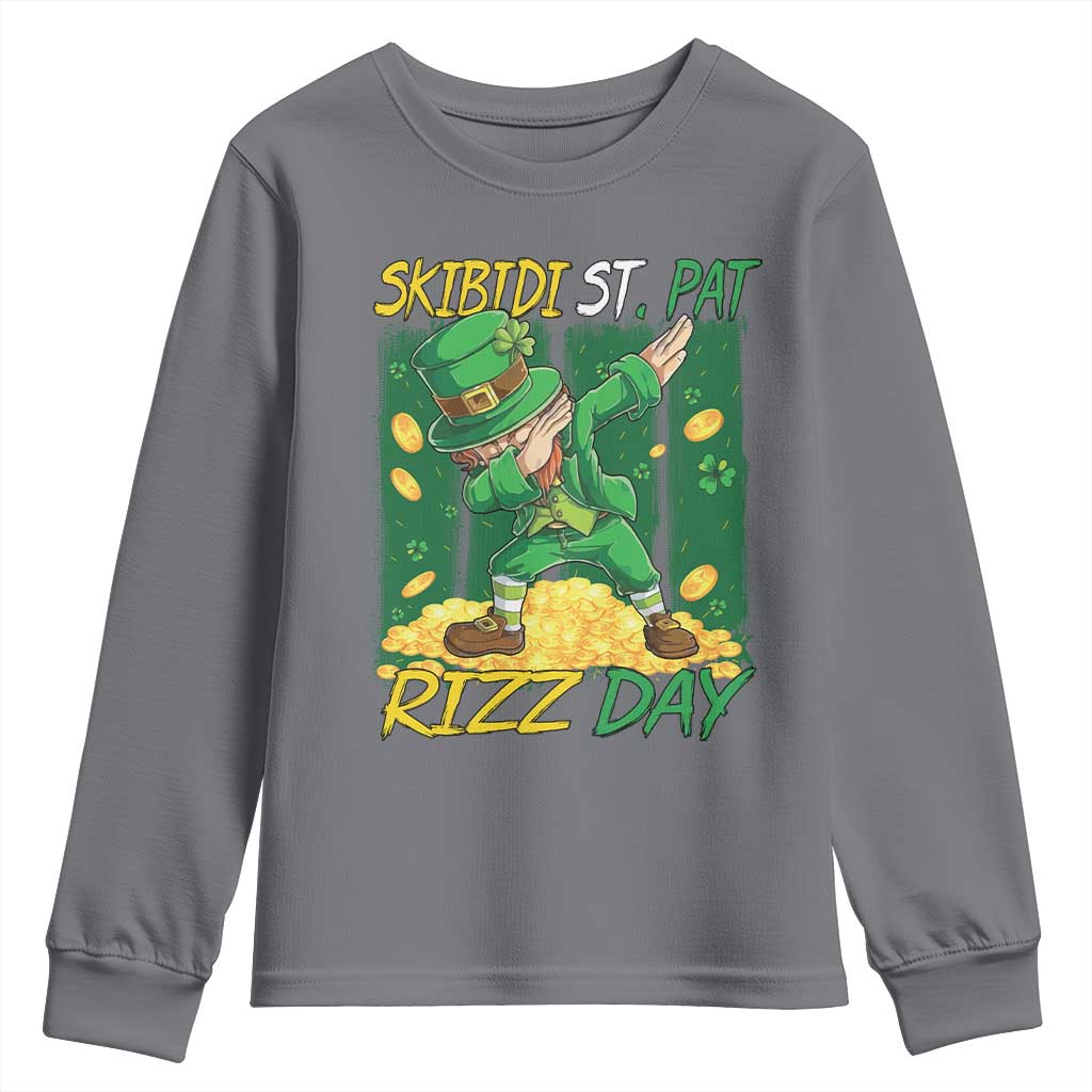 Funny Skibidi St Pat Rizz Day Youth Sweatshirt Dabbing Leprechaun Shamrock Coin