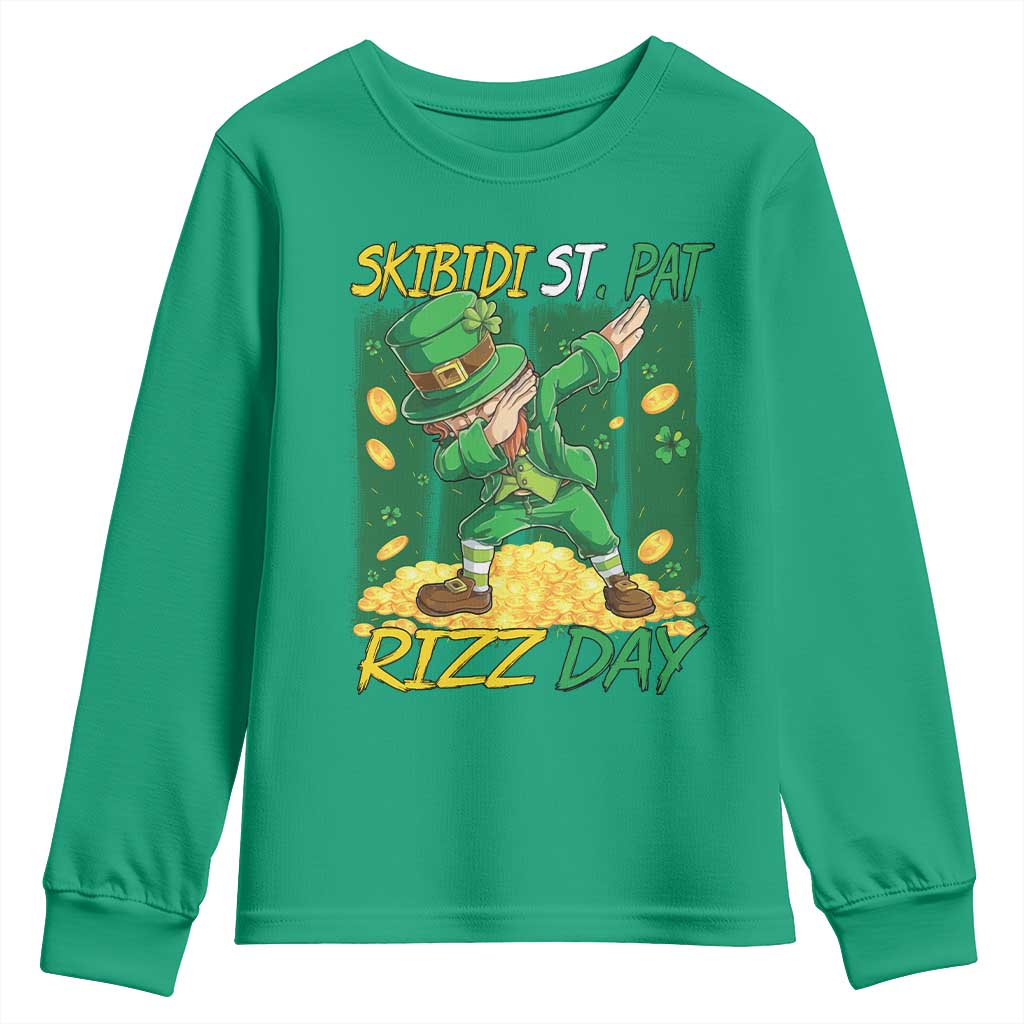 Funny Skibidi St Pat Rizz Day Youth Sweatshirt Dabbing Leprechaun Shamrock Coin
