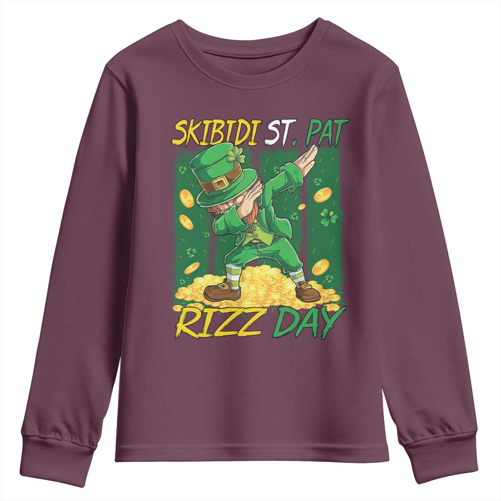Funny Skibidi St Pat Rizz Day Youth Sweatshirt Dabbing Leprechaun Shamrock Coin