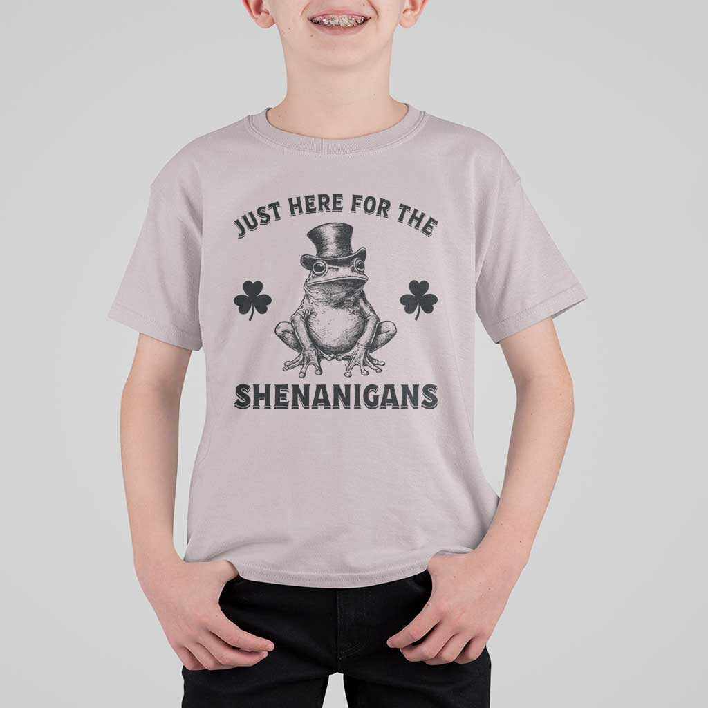 Funny St Patrick's Day Just Here For The Shenanigans T Shirt For Kid Frog Shamrock