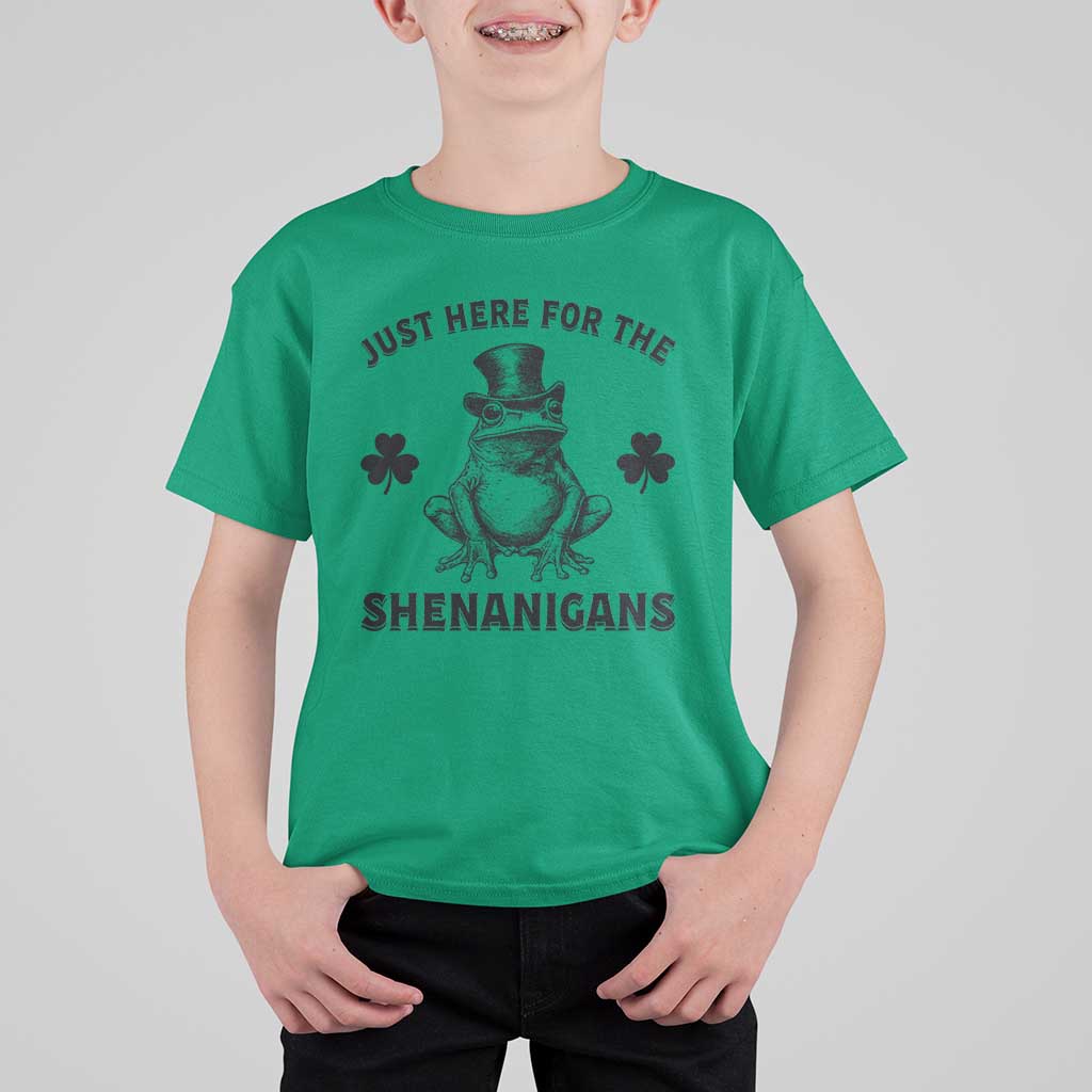 Funny St Patrick's Day Just Here For The Shenanigans T Shirt For Kid Frog Shamrock
