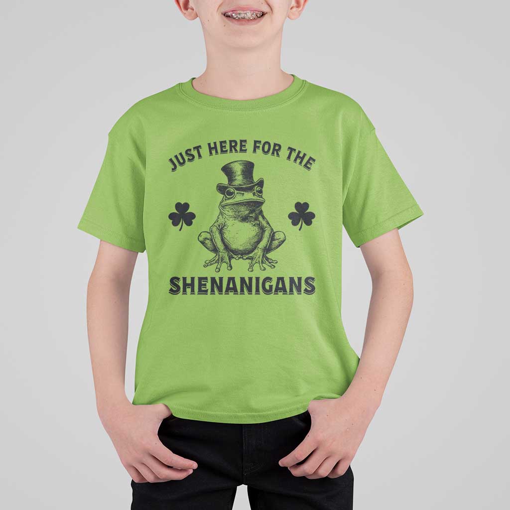 Funny St Patrick's Day Just Here For The Shenanigans T Shirt For Kid Frog Shamrock