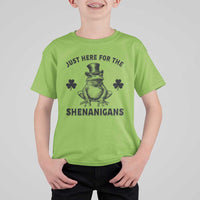 Funny St Patrick's Day Just Here For The Shenanigans T Shirt For Kid Frog Shamrock