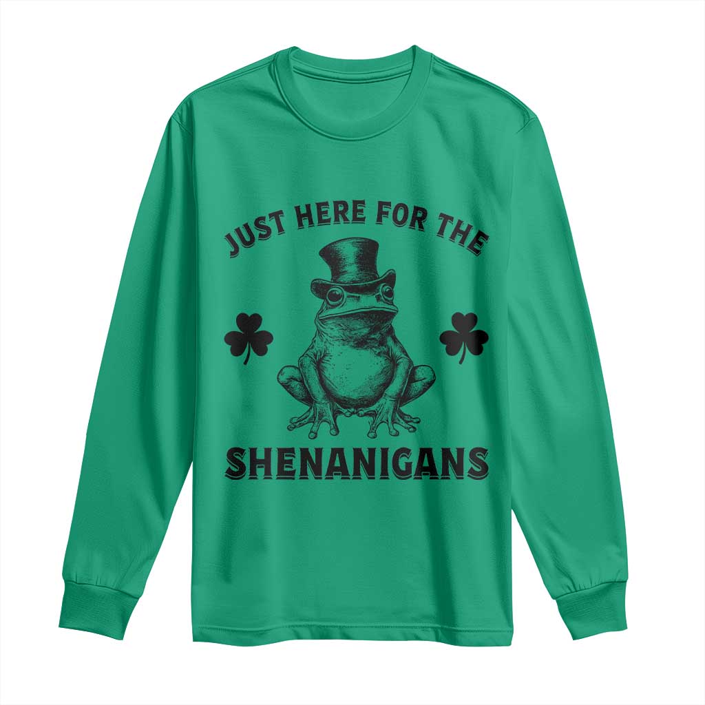 Funny St Patrick's Day Just Here For The Shenanigans Long Sleeve Shirt Frog Shamrock