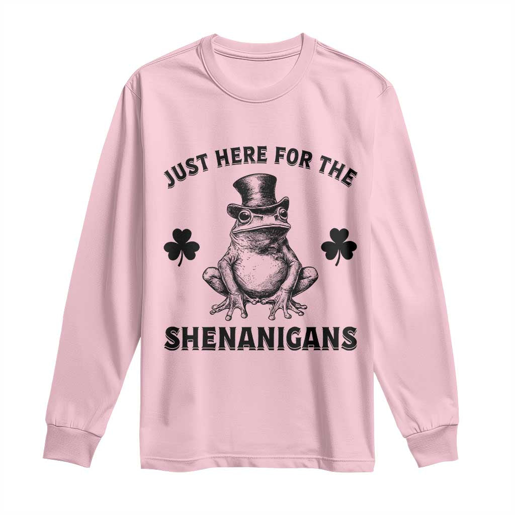 Funny St Patrick's Day Just Here For The Shenanigans Long Sleeve Shirt Frog Shamrock