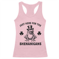 Funny St Patrick's Day Just Here For The Shenanigans Racerback Tank Top Frog Shamrock