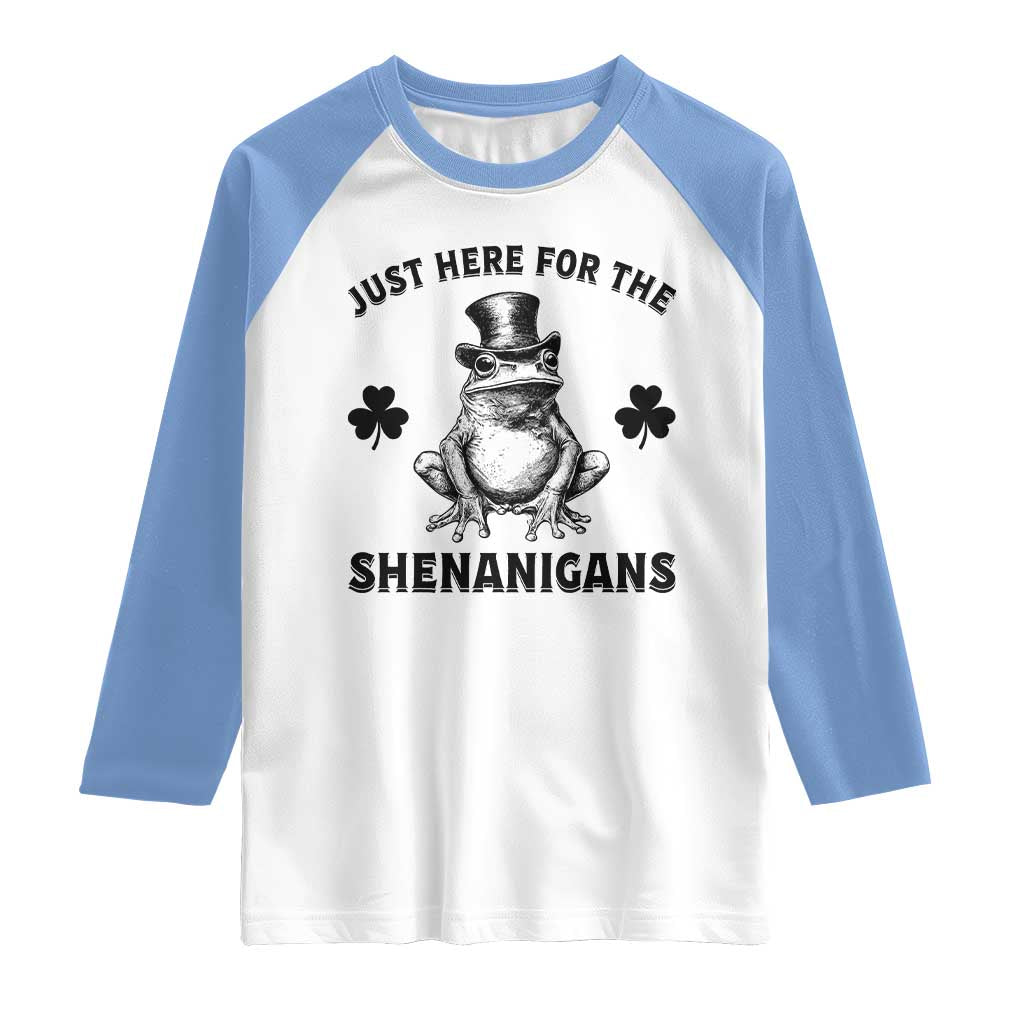 Funny St Patrick's Day Just Here For The Shenanigans Raglan Shirt Frog Shamrock