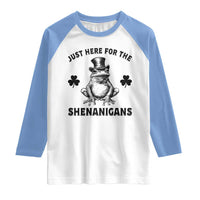 Funny St Patrick's Day Just Here For The Shenanigans Raglan Shirt Frog Shamrock