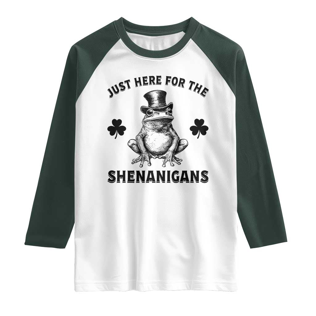 Funny St Patrick's Day Just Here For The Shenanigans Raglan Shirt Frog Shamrock