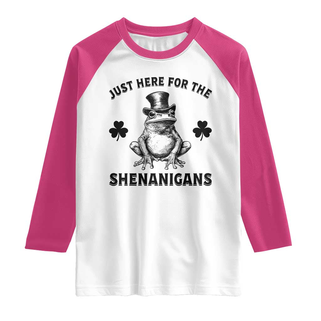 Funny St Patrick's Day Just Here For The Shenanigans Raglan Shirt Frog Shamrock