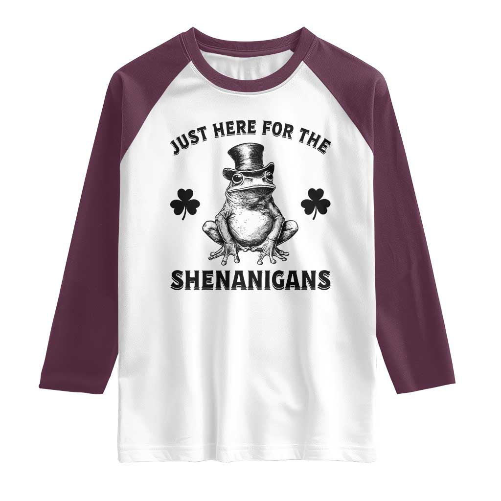 Funny St Patrick's Day Just Here For The Shenanigans Raglan Shirt Frog Shamrock